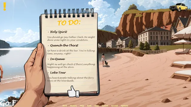 Screenshot: a to-do list over the beach town
