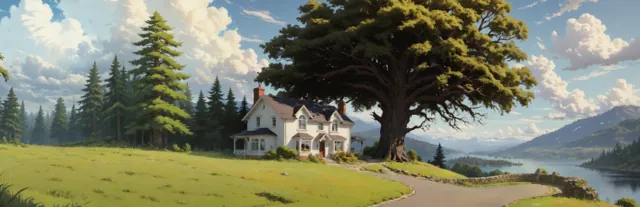 Library hero: a white house under a big tree by the lake