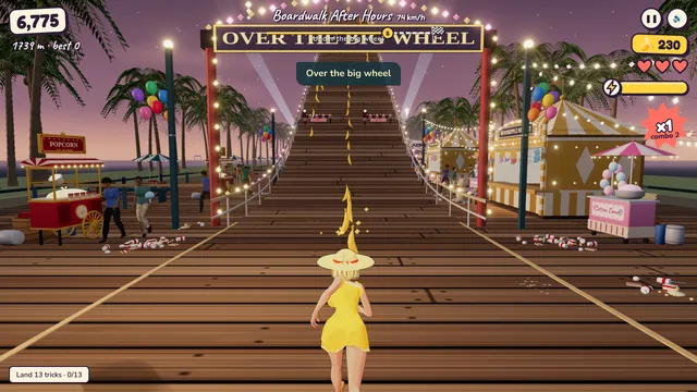 Suzie runs up the boardwalk toward the big wheel at dusk