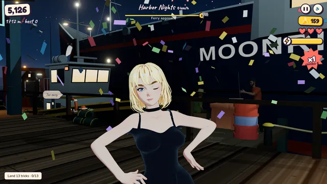 Suzie winks at the harbor finish line at night